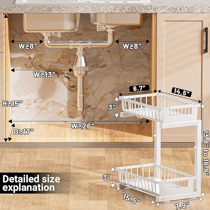 Under Sink Organizer 2 Pack, 2 Tier Adjustable Height Reinforced Carbon Steel Under Kitchen Bathroom Sink Storage Organizer, Smooth Pull-Out Under Sink Cabinet Rack Drawer Organizer, White