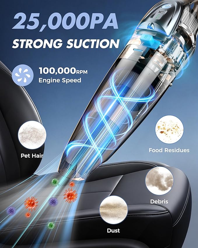 Handheld Vacuum Cordless 25000PA Powerful Suction, Portable Car Vacuum, 3 in 1 Hand Held Vacuum Rechargeable 8000mAh with LED Light, HEPA Filter, Home, Car Seats, Office, Pet Hair Blue+Black