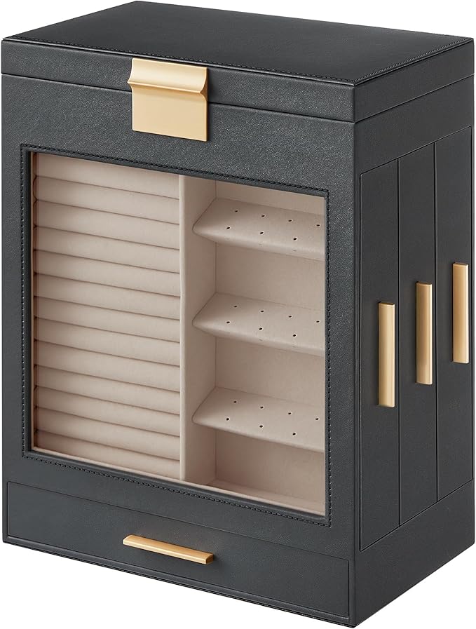 SONGMICS Jewelry Box with Glass Window, 5-Layer Jewelry Organizer with 3 Side Drawers, Jewelry Storage, with Big Mirror, Modern, 6.1 x 10.3 x 12.6 Inches, Slate Gray and Metallic Gold UJBC162G01