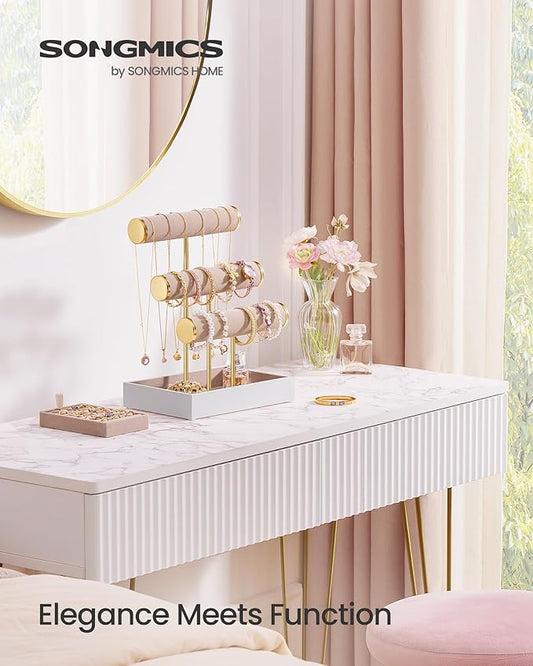 SONGMICS Bracelet Holder Stand, Jewelry Display Stand, Jewelry Organizer, with 3 Tiers and Velvet Tray, Removable Ring Holder, Cloud White and Camel Brown UJJS027A01