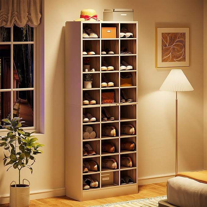 Tribesigns 10-Tier Shoe Storage Cabinet, White and Brown Wooden Shoe Rack with 30 Cubbies, Freestanding Tall Entryway Shoe Organizer for Closet, Entryway, Living Room