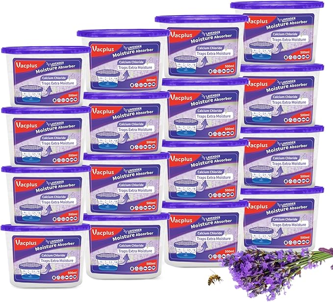 Vacplus Moisture Absorbers, 10.5 Oz Humidity Absorber Boxes Attracts Extra Moisture from Your Bathroom, Closet, Kitchen & Study, Dehumidifier, Odor Eliminator for Closet (Lavender Scent), 16 Packs