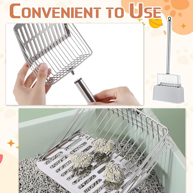 Tioncy Metal Cat Litter Scoop with Holder 17.5 Inch Long Handle Cat Scooper for Litter Box Deep Cat Fast Sifter Shovel Stainless Steel Cat Litter Sifter Scoop Pet Scooper for Kitten Cat Dog Poop