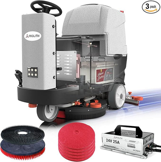 Micro Ride-On Floor Scrubber Dryer Kit, 22" Clean, 25 Gal, up to 55,000 ft²/h, Lithium Battery, Fast Charge, All Parts, Commercial Floor Cleaning for Daily Maintenance in Airport, Mall, School
