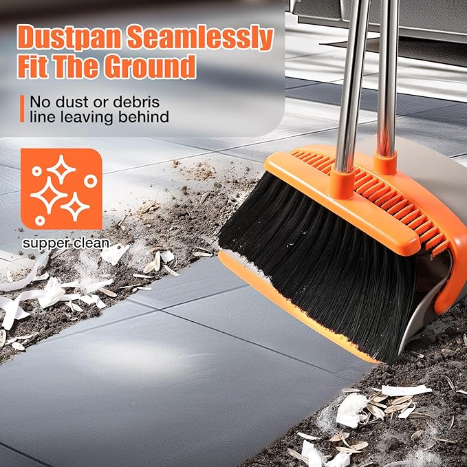 Broom and Dustpan Set, Upgraded Broom with Dustpan Combo Set with 56" Tall Adjustable Handle, Self-Cleaning Teeth, Upright Standing Dust Pan for Heavy Duty Indoor Outdoor Cleaning and Pet Hair