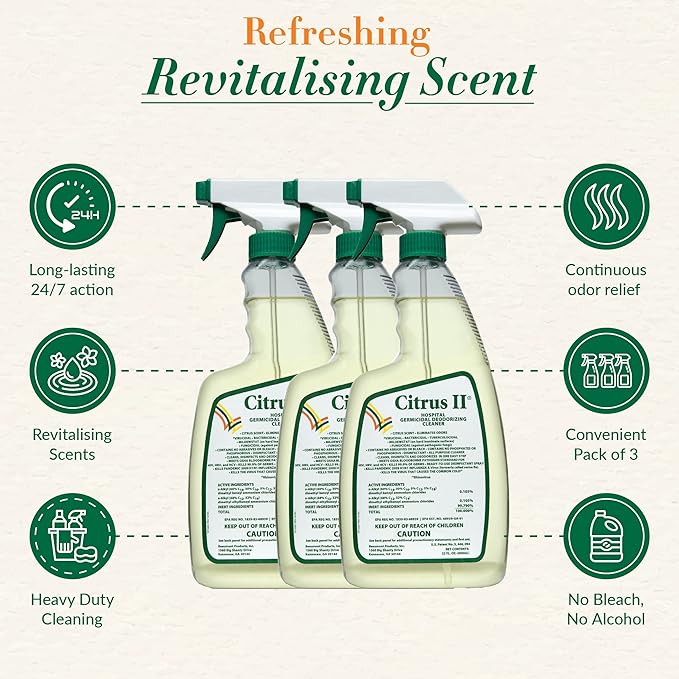 Citrus II Hospital Germicidal Deodorizing Cleaner - Fresh Citrus Scent - Disinfecting Spray Cleaner - 22 Fl Oz - Pack of 3