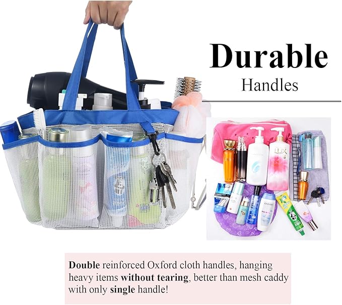 Haundry Mesh Shower Caddy Tote, Large College Dorm Bathroom Caddy Organizer with Key Hook and 2 Oxford Handles, 8 Basket Pockets for Camp Gym
