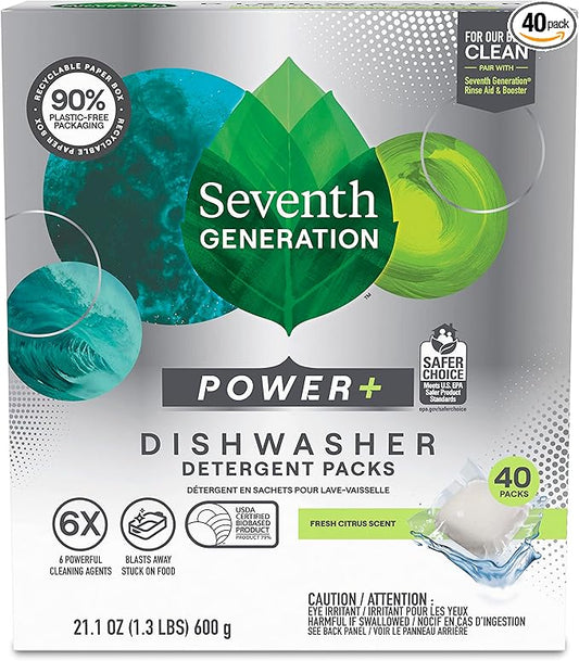 Seventh Generation Power Plus Dishwasher Detergent Packs Fresh Citrus scent for sparkling dishes Dishwasher tabs 40 count