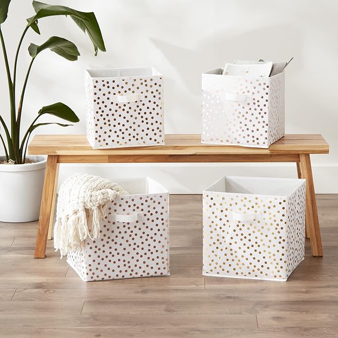 DII Non Woven Polyester Storage Bin, Polka Dot, White & Gold, Large Set of 2