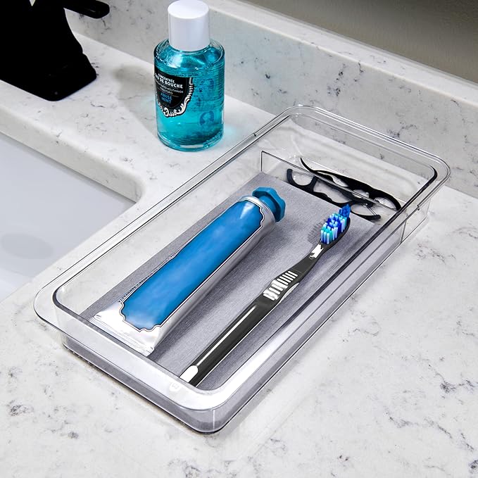 madesmart Dental Tray Drawer Organizer with Drying Stone, Clear Plastic Organizer for Toothbrush, Dental Floss, Water Flosser, Mouthwash