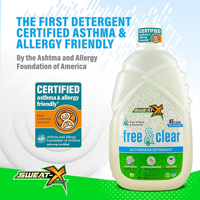 Sweat X Free & Clear Activewear Laundry Detergent – Certified Asthma & Allergy Friendly® – Hypoallergenic – Remove the Worst Odors & Toughest Stains – High-Performance Sports Wash – 45 Loads – 1 Pack
