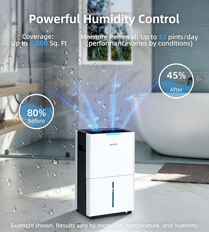 5000 Sq. Ft Dehumidifiers for Home and Basement, 52 Pint/Day Dehumidifier with Drain Hose, 3 Modes, 24H Timer, Auto Defrost, Child Lock, for Bedroom, Garage, RV, Large Room, Humid Summer, Rainy Season