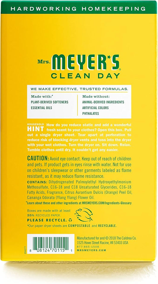 MRS. MEYER'S CLEAN DAY Dryer Sheets, Fabric Softener, Reduces Static, Infused with Essential Oils, Honeysuckle, 80 Count (Pack of 12)