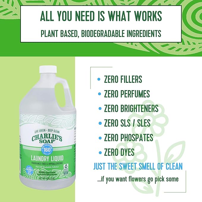 Charlie’s Soap Laundry Liquid (160 Loads, 4 Pack) Natural Deep Cleaning Hypoallergenic Laundry Detergent – Biodegradable Eco Friendly Sustainable Laundry Liquid