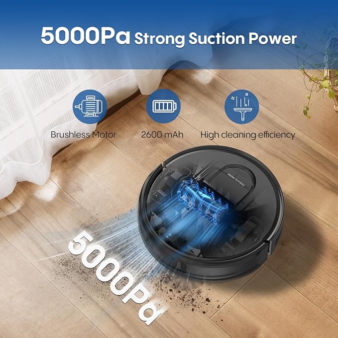 Robot Vacuum and Mop with LiDAR Navigation, 5000Pa Robotic Vacuums with Mapping, No-Go Zones, Self-Recharging, Wi-Fi/App/Alexa Control, Ideal for Pet, Hard Floors, Carpet