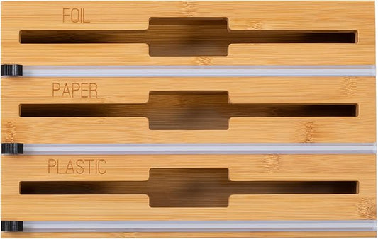 Honey Can Do 3-In-1 Bamboo Food Wrap Organizer With Safety Cutter | Plastic, Wax, Paper and Foil Holder KCH-09858 Natural