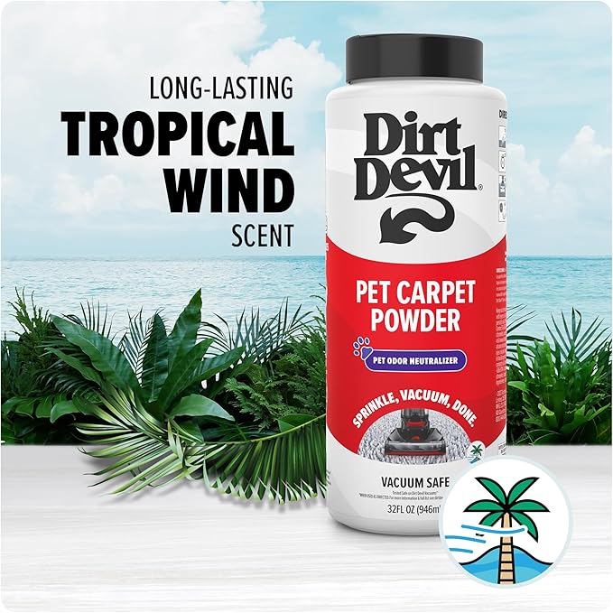 Dirt Devil Pet Carpet Powder, 32 oz, Room Refresher and Pet Odor Eliminator, Tropical Wind Scent, Vacuum Cleaner Safe, For Use on Carpets, Rugs, Upholstery and More, Carpet Freshener Powder for Home