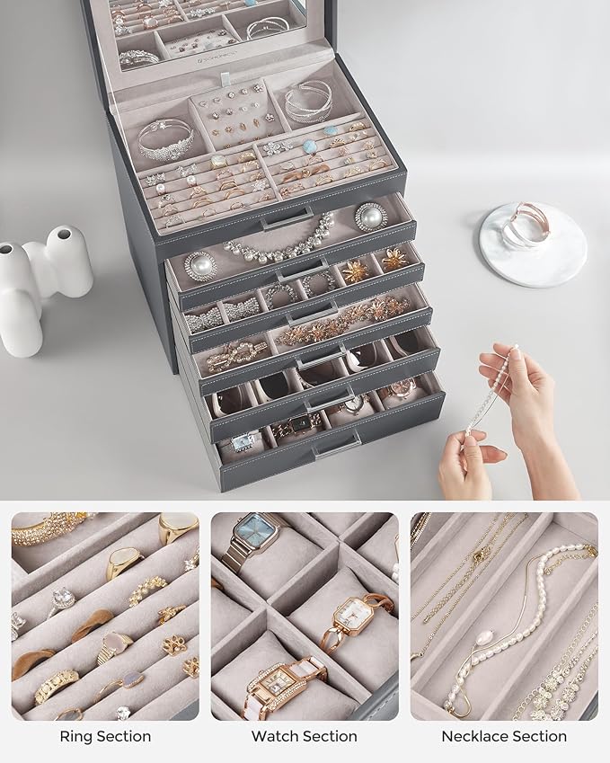 SONGMICS Jewelry Box, 6-Tier Jewelry Organizer, Large Jewelry Case with Big Mirror, 5 Drawers, Large Capacity, Jewelry Storage, Modern Style, Gift for Loved Ones, Gray UJBC138G01