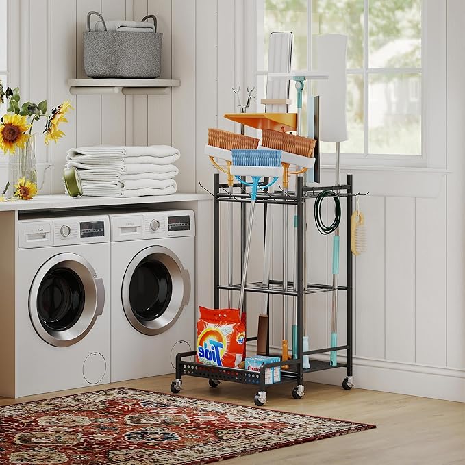 Garden Tool Organizer with Wheels, Heavy-Duty Steel Garage Tool Storage Rack, 360° Rotating Yard Tool Stand for Long-Handled Tools, Lawn Tool Holder for Shovels Rakes Mops Brooms