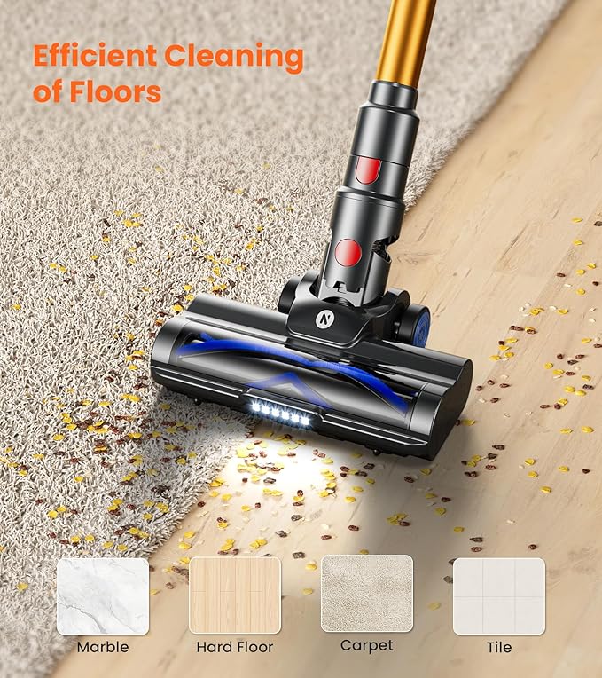 NADALY Cordless Vacuum Cleaner, Powerful Stick Vacuum with 45min Runtime, Anti-Tangle Self-Standing Vacuum Cleaners for Home, 8-in-1 Lightweight Vacuum for Hardwood Floor/Carpet/Pet Hair, Bronzed Gold