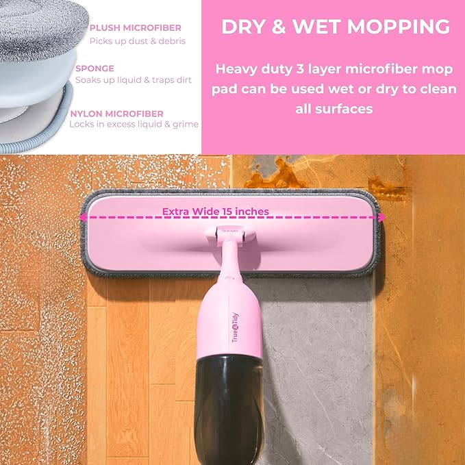 Heavy Duty Spray Mop Kit for Floor Cleaning, Refillable Water Tank, Use Any Cleaning Solution with Machine Washable Pads, Includes Flat Mop Head, Round, Squeegee Head