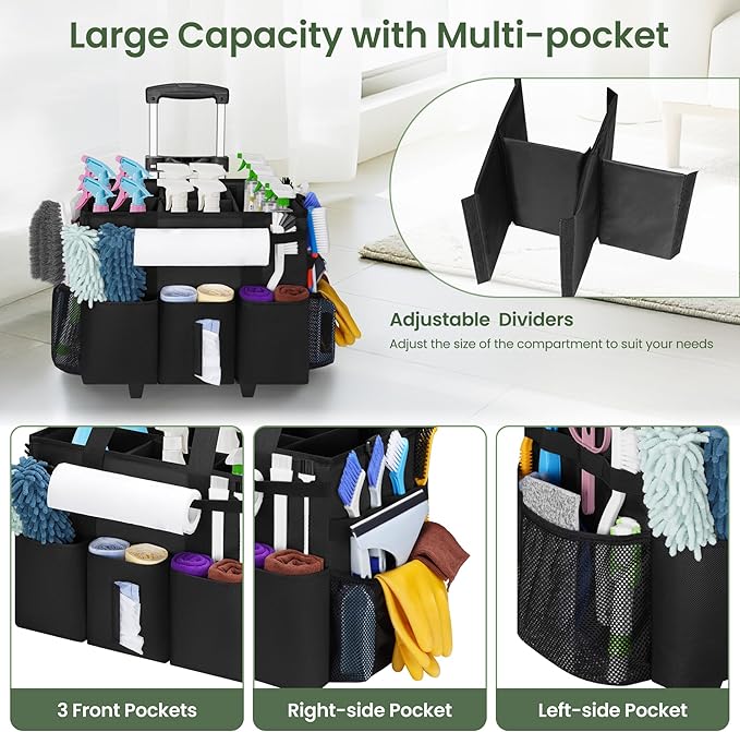 Large Rolling Cleaning Caddy with Detachable Trolley, Cleaning Supply Organizer Bag with Wheels & Multi-Pockets, Water-Resistant Cleaning Cart on Wheels for Housekeeping, Cleaner