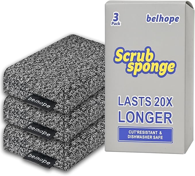 Belhope Heavy Duty Kitchen Sponges - Lasts 20x Longer, Heat Resistant & Cut Proof Scratch-Free, Safe for Non-Stick Cookware Versatile Household, Bathroom & Outdoor Cleaning Supplies (3, Grey)