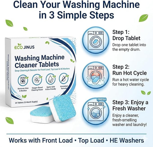 Washing Machine Cleaning Tablets Washer Cleaner & Descaler, 24 Count (12-Month Supply) for Front Load, Top Load & HE Washers | Appliance Maintenance & Residue Removal