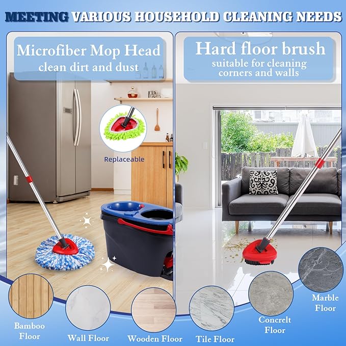 Microfiber Spin Mopping Refills Head for Oceda RinseClean 2-Tank System,1 Gray Mop Scrub Brush + 1 Mops Base + 6 Pack Easy Cleaning Mop Heads Replacements