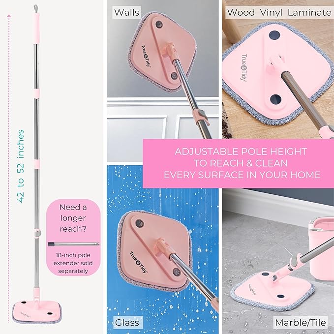 Square Spin Mop & Bucket Smart Floor Mop with Separate Compartments for Clean and Dirty Water, Self Cleaning 2025 Upgraded Version w/Side Brush & Self-Standing Handle, Rose