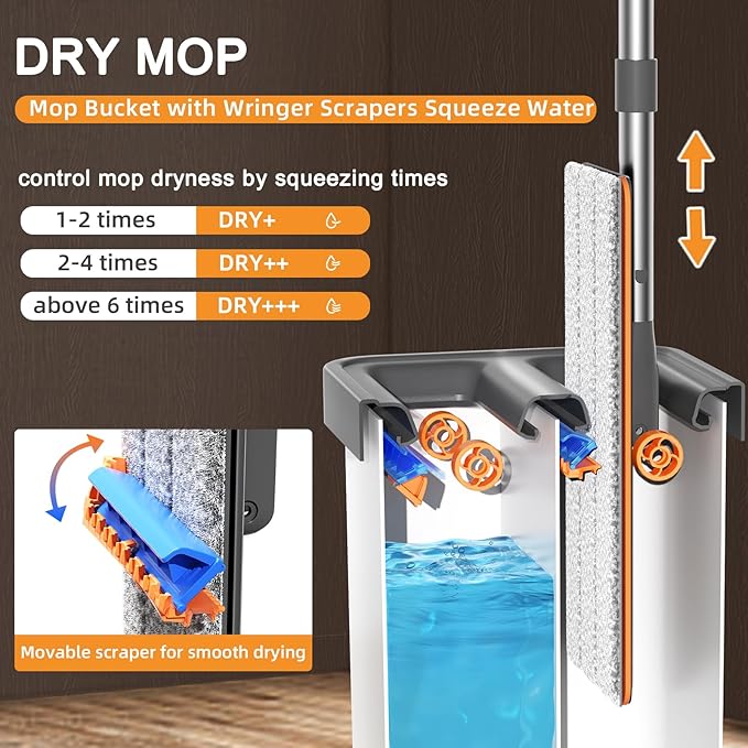 Mop and Bucket with Wringer Set for Home, Flat Mop Bucket Set with 3 Washable Microfiber Pads, Wet and Dry Mop with Long Handle，Wall Cleaner for All Floor Types and Windows