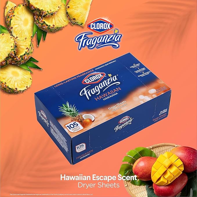 Clorox Fraganzia Fabric Softener Dryer Sheets, Hawaiian Scent - Wrinkle Reducing Scented Softening Laundry Dryer Sheets for Great Smelling Clothes, 105 Count - 6 Pack