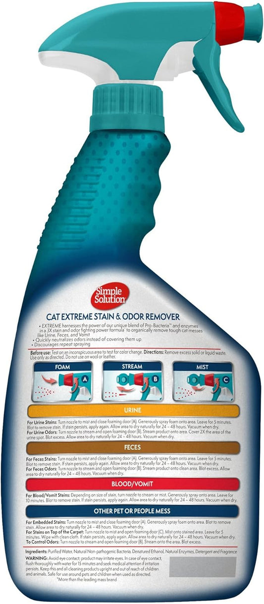 Simple Solution Extreme Cat Stain and Odor Eliminator Spray for Cats, Enzyme Cleaner With 3X Pro-Bacteria Cleaning Power, Strong Cat Urine Pee Smell Remover for Carpets & Floors, 32 oz (Pack of 2)