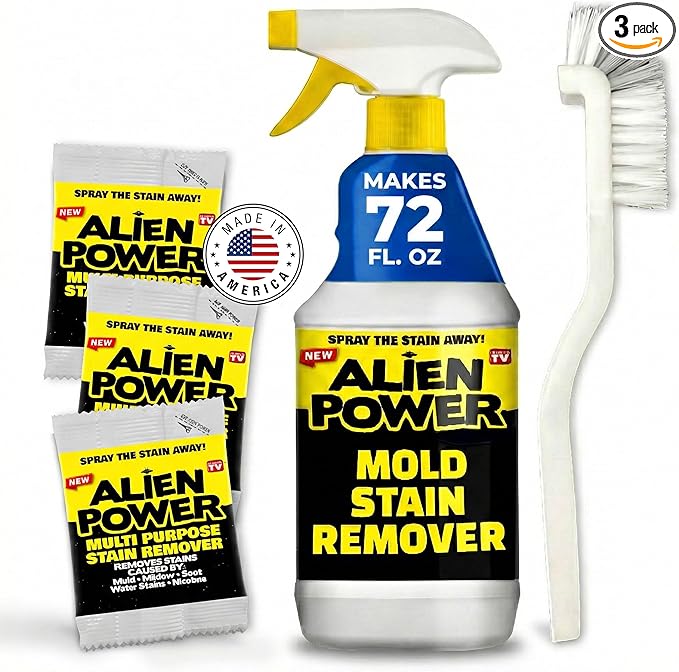 Alien Power Stain Remover Spray for Mold & Mildew, for Bathroom & Household Surfaces, All Purpose No-Scrub Cleaner for Tiles, Wall, Grout & Washing Machines - 3 Packet Set (Makes 72 Fl Oz)