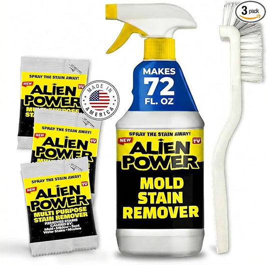 Alien Power Stain Remover Spray for Mold & Mildew, for Bathroom & Household Surfaces, All Purpose No-Scrub Cleaner for Tiles, Wall, Grout & Washing Machines - 3 Packet Set (Makes 72 Fl Oz)