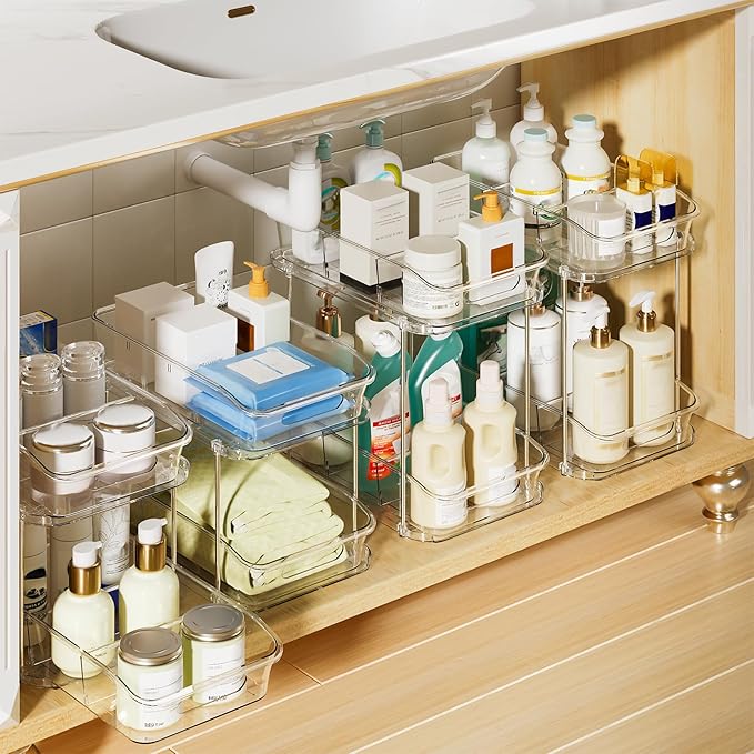 Delamu 2-Tier Under Sink Organizers and Storage, Multi-Purpose Stackable Bathroom Cabinet Organizers, Pull Out Kitchen Pantry Organization and Storage with Dividers(4 Pack, Clear)