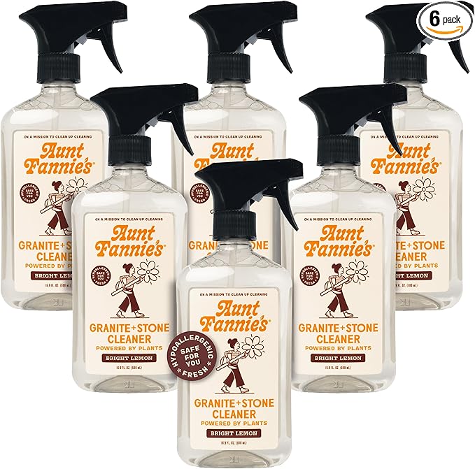 Aunt Fannie's Granite and Stone Cleaner, Plant Based Daily Countertop Spray for Marble, Soapstone, Quartz, Slate, Laminate, and other Sealed Stone, Bright Lemon Scent, Pack of 6