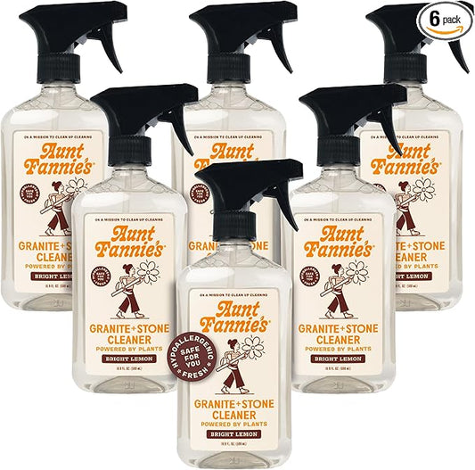 Aunt Fannie's Granite and Stone Cleaner, Plant Based Daily Countertop Spray for Marble, Soapstone, Quartz, Slate, Laminate, and other Sealed Stone, Bright Lemon Scent, Pack of 6