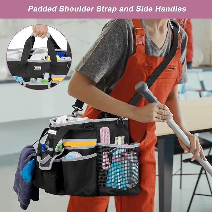 LoDrid Cleaning Caddy Bag with Handle and Shoulder Strap, Cleaning Supplies Organizer for Cleaning Work with 3 Compartments and Multifunctional Pockets, Black with Gray Edge