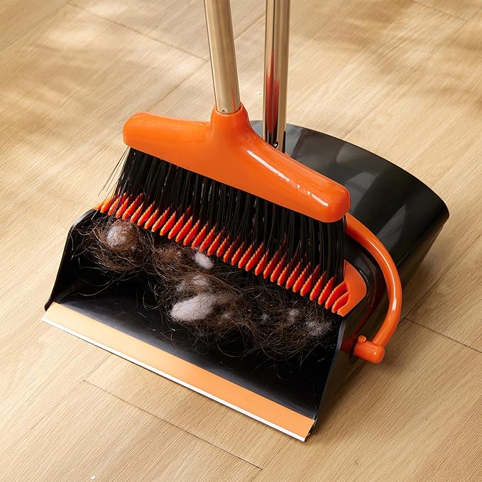 Broom and Dustpan Set Lightweight Upright Lobby Broom and Dust Pan Combo with Long Handle Outdoor Indoor for Home Kitchen Room Office (Orange and Black)