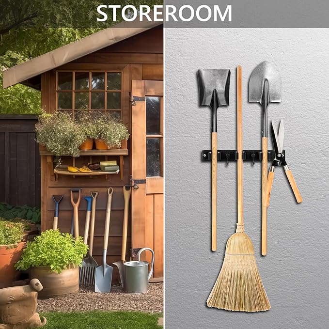 YA MI Mop holder, broom holder, stainless steel wall hanging tool storage device with 3 hooks in 3 positions, suitable for home bathrooms, kitchens, and gardens