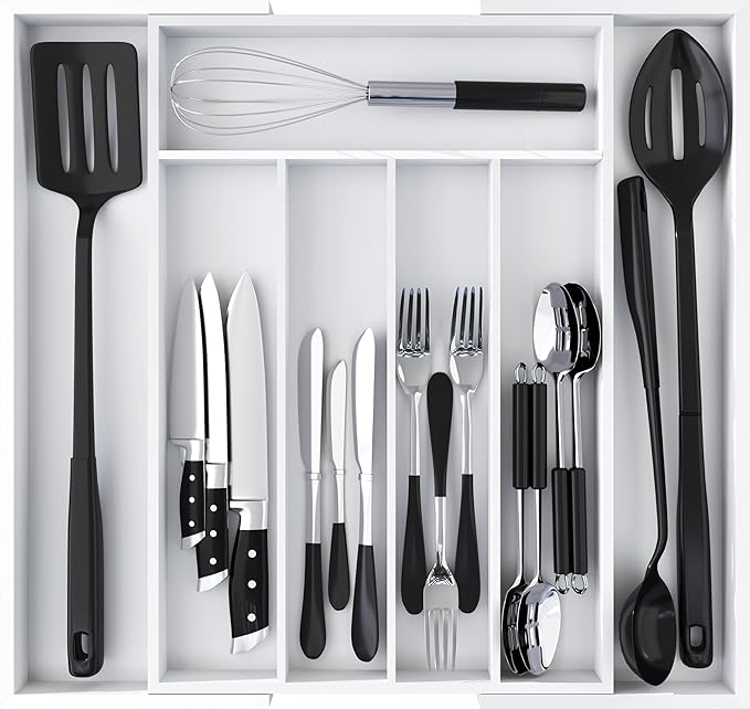 Utopia Kitchen Expandable Bamboo Utensil Drawer Organizer, Silverware Organizer for Cutlery, Flatware Holder (5-7 Slots, White) - Pack of 1