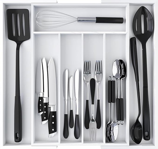 Utopia Kitchen Expandable Bamboo Utensil Drawer Organizer, Silverware Organizer for Cutlery, Flatware Holder (5-7 Slots, White) - Pack of 1