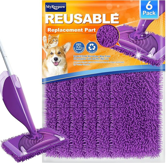 6 Pack Reusable Mop Pads Compatible with Swiffer WetJet Mops, Wet Jet Pads Refills, 12 inch Washable Microfiber Chenilles MopPad for Floor Cleaning Wet Dry Use(Mop is Not Included)