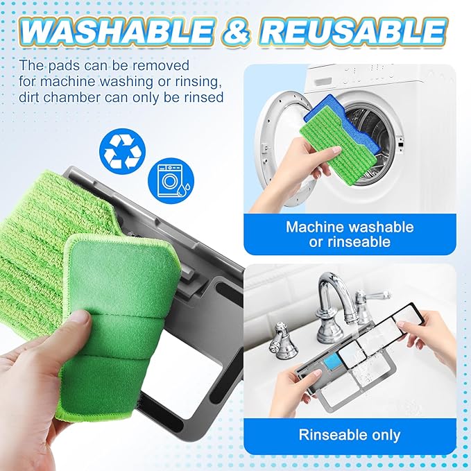 KEEPOW Reusable Microfiber Mop Pads Refills Compatible with Shark VACMOP VM252 VM200 VM401 VM180 VM252GN VC205 VM250 VM190 VM200P12, Upgraded Dirt Chamber for Hard Floor, Blue & Green, 1+1+1+1 Pack