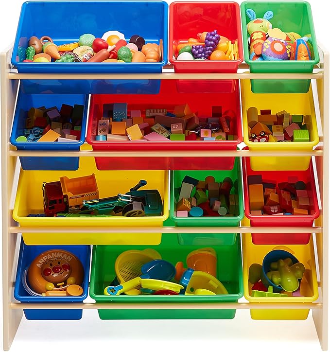 Amazon Basics Kids Toy Storage Organizer With 12 Plastic Bins, Natural Wood, Multicolor, for Bedroom and Playroom, 33.6" W x 10.9" D x 31.1" H