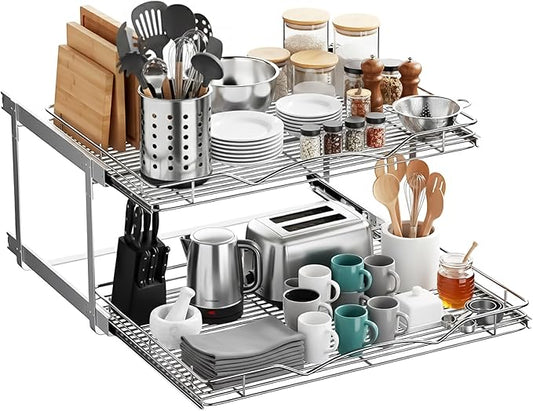 HOLDN’ STORAGE Two Tier Pull Out Cabinet Organizer, Individual Sliding Drawers - Heavy Duty Metal with Lifetime Limited Warranty - Anti Rust Chrome Finish - 30" W x 21”D x 16.5" H