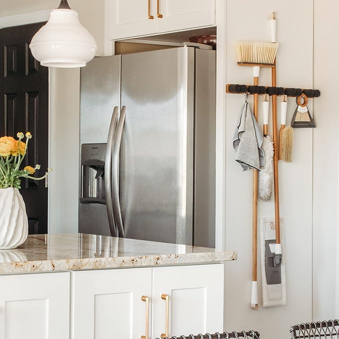 Full Circle Get A Grip, Wall-Mounted Mop and Broom Organizer, Lightweight Bamboo with Foam Pegs, Easy to Install Home Organization, Also Perfect for Garden Tools and Garage, Large