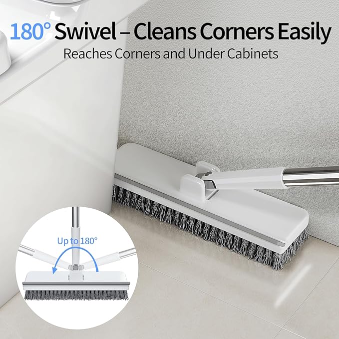 Floor Scrub Brush with 55" Long Handle, 2-in-1 Floor Brush with Built-in Squeegee, Adjustable Angle Head and Stiff Bristles for Tile, Wood, Concrete & Textured Floor Cleaning