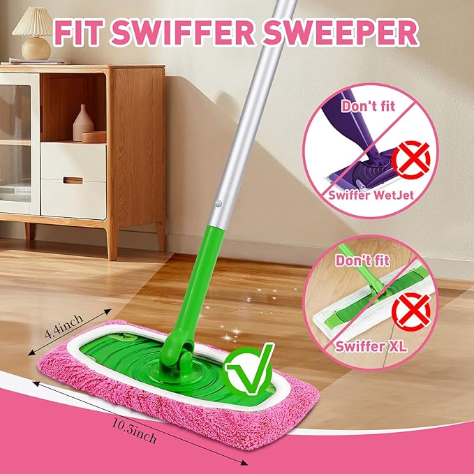 8Pcs Pink Reusable Mop Pads,Microfiber Mop Pads Compatible with Swiffer Sweeper, Dry Sweeping Cloths & Washable Wet Pads Refill for Floor